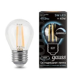 Лампа Gauss Filament Шар 5W 450lm 4100К Е27 диммируемая LED 105802205-D